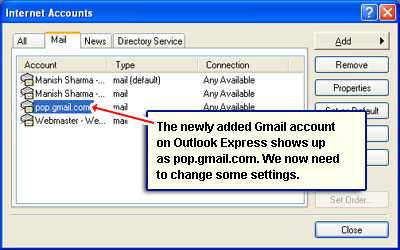 The newly added Gmail account on Outlook Express shows up as pop.gmail.com