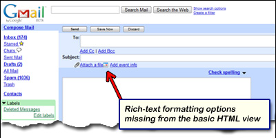 Rich-text formatting missing from the basic HTML view - the older Gmail version