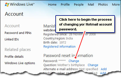 Change the Hotmail password via live.com account page