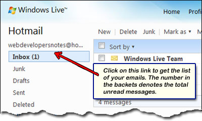 Hotmail folder and Inbox with the number of unread messages