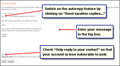 Composing an autoreply - a vacation reply email - in Hotmail through the options and settings