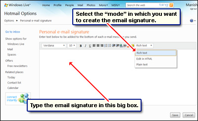 Create a Hotmail account email signature - choose from three modes
