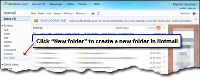 Hotmail New Folder link to create a new folder