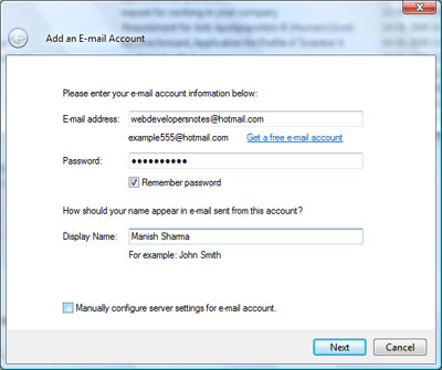 Enter your email address, password and display name to setup the Hotmail account on Windows Live Mail email client