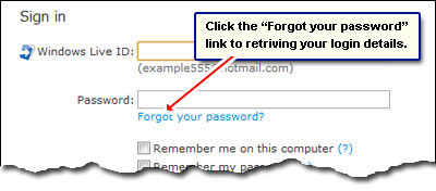 Das Passwort vergessen Link direkt unter dem Hotmail Login-Felder angezeigt