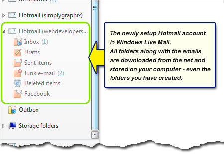 Hotmail account added to Windows Live Mail with all folders and email messages