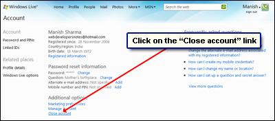 The Hotmail close account link - the last one on the account page