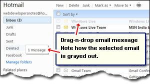 Move email messages to folders using Hotmail drag-n-drop functionality