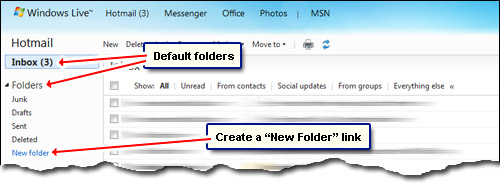 Hotmail default folders and storage space