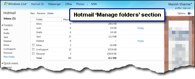 Hotmail Ordner verwalten Abschnitt zum Umbenennen und Löschen von Ordnern.