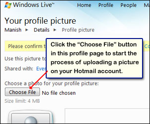 Hotmail profile page through which you can upload your photograph