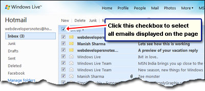 Wählen Sie alle E-Mails auf der Seite mit einem Mausklick - Checkbox links neben der Sortierung Link