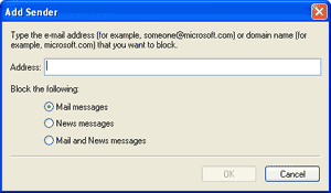 Creating the Blocked Senders List of Outlook Express by adding email addresses