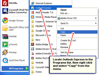 Get back the disappeared Outlook Express icon by copying and pasting it from the Programs list