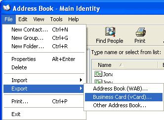 Saving your contact details from the Outlook Express address book to the vCard file format