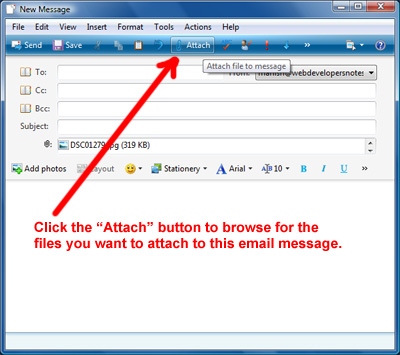 Button to add email attachments in Windows Live Mail