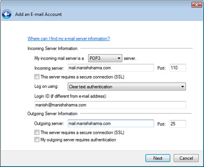 Entering your email server information to setup the new email account in Windows Live Mail