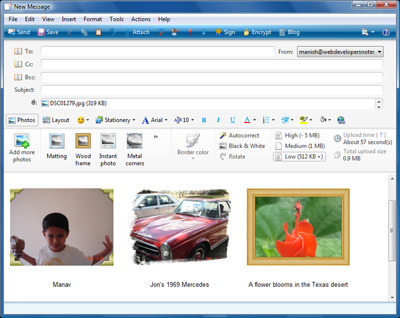 Pictures with frames, borders and text ready to be sent over email using the Photo email feature of Windows Live mail