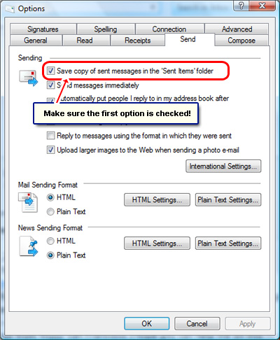 Make sure Save sent email in the Sent Items folder option is checked in the Windows Live Mail program settings