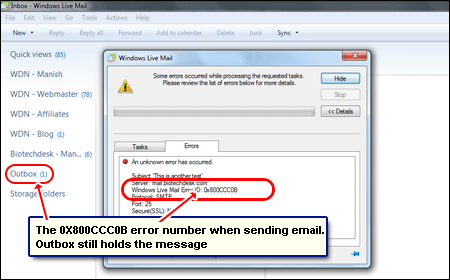 Sending email error number 0X800CCC0B shown by Windows Live Mail. Outbox still contains the message