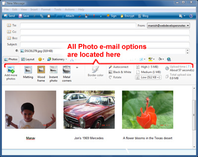 Instructions on how to send pictures over email using Windows Live Mail email client