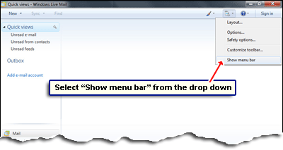 Unhide the Windows Live Mail menu bar from the Menus icon