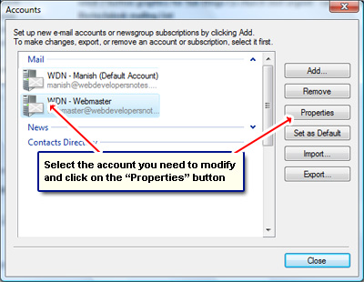 Bring up the email account properties in Windows Live Mail email program