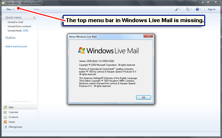 The Windows Live Mail toolbar seems to be missing - it's simply hidden