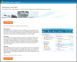 Windows Live Mail homepage screenshot