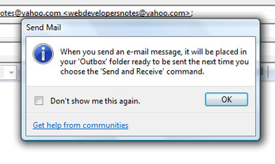 Newly composed email lies in the Windows Mail outbox