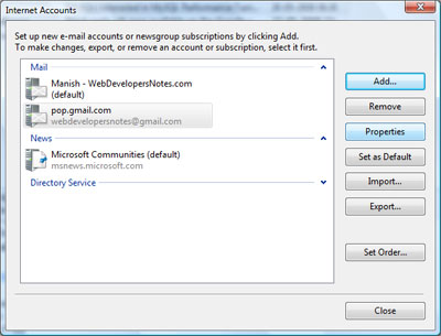 Configure properties of the newly added Gmail account in Windows Mail