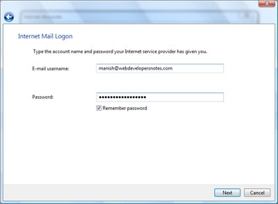 Enter email username and password to set up the email account in Windows Mail Vista