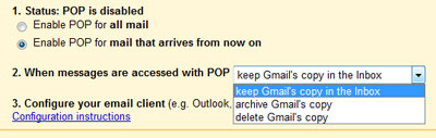 Options for the POP access in Gmail