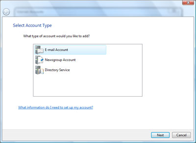 Selecting the email account type for set up in Windows Mail