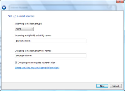 Set up Gmail email server types