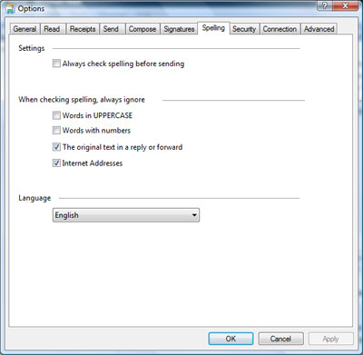 Various spell check options in Windows Mail email client