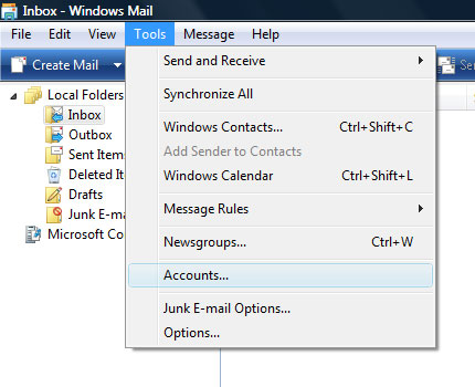 Windows Mail email accounts window