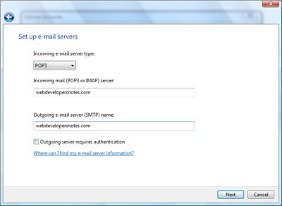 adding incoming and outgoing email servers to Windows Mail new email account