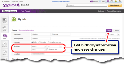 Change your birthday in Yahoo profile