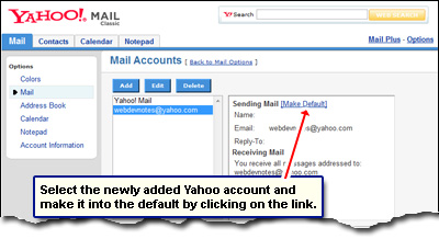 Change Yahoo email address  by making the newly added email account the default