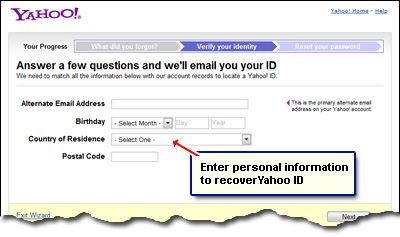 Provide personal information to Yahoo to recover your lost account ID