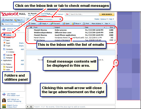 The layout of the Yahoo email account - Inbox with list of emails, folder and utilities panel