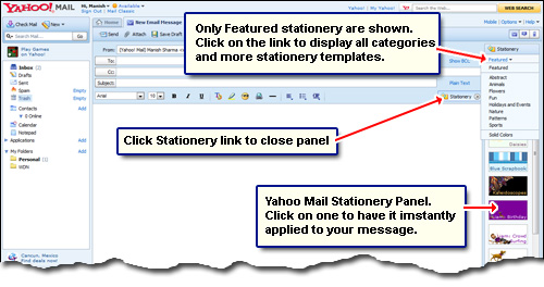 The free Yahoo Mail stationery which can be applied with a single mouse click - Stationery panel when composing or replying to messages