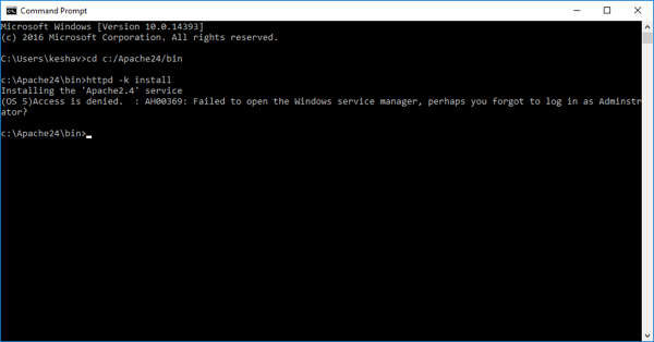 Error when installing Apache on Windows 10 - Access is denied. : AH000369