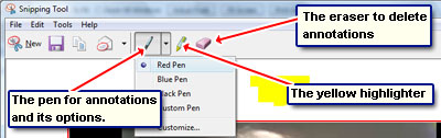 Annotating using the Pen and Highlighter in the Windows Vista screenshot program - the Snipping tool