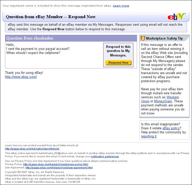 Example of an ebay.com phishing scam email attack