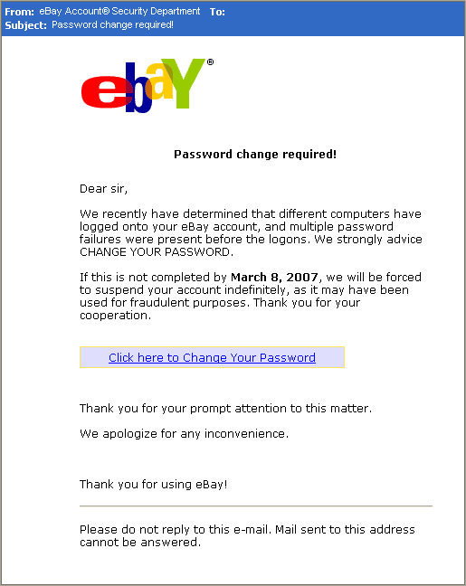 An eBay phishing scam example