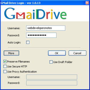 GMail Drive login window with additional options of logging to the Gmail account