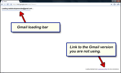 Gmail loading bar with the version link near the bottom right
