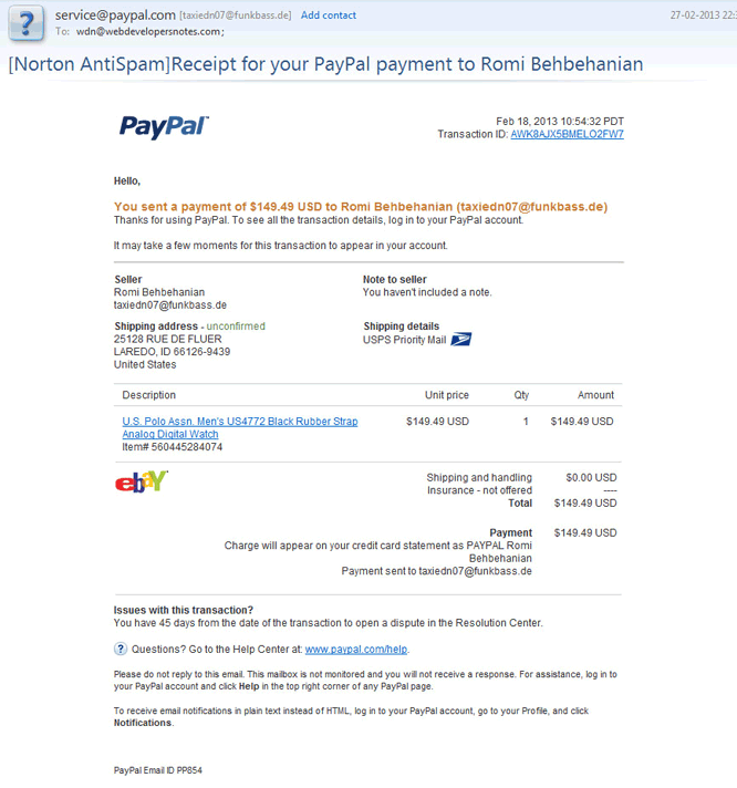 Paypal and ebay phishing email scam example